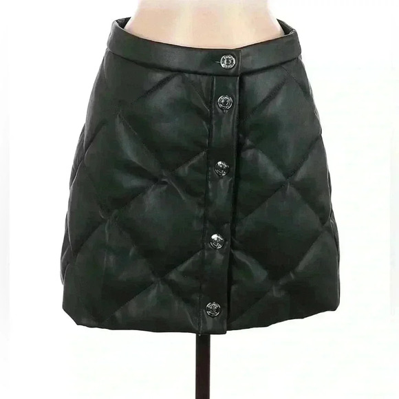 Staud Mini Skirt 6 Quilted Puff Faux Vegan Leather Green Snap Front Dice New S - Picture 6 of 8
